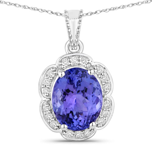 Tanzanite-3.66 Carat Genuine Tanzanite and White Diamond 14K White Gold Pendant