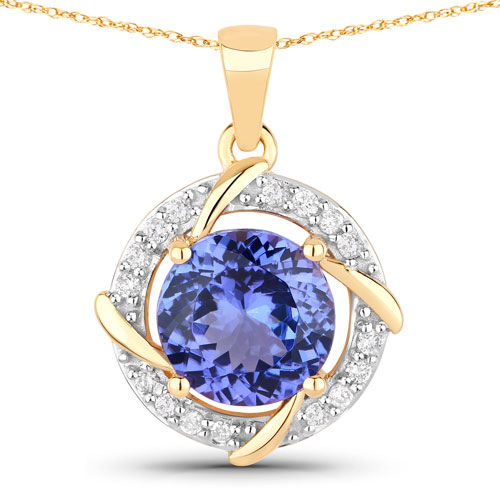 Tanzanite-3.09 Carat Genuine Tanzanite and White Diamond 14K Yellow Gold Pendant