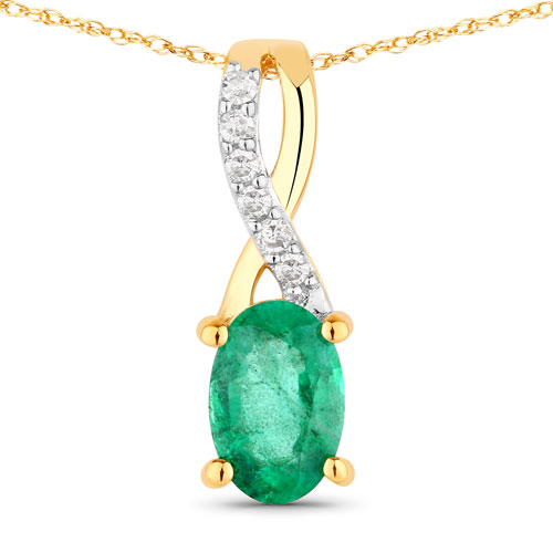 Emerald-0.47 Carat Genuine Zambian Emerald and White Diamond 14K Yellow Gold Pendant