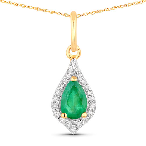 Emerald-0.43 Carat Genuine Zambian Emerald and White Diamond 14K Yellow Gold Pendant