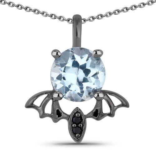 Pendants-1.06 Carat Genuine Blue Topaz and Black Spinel .925 Sterling Silver Pendant