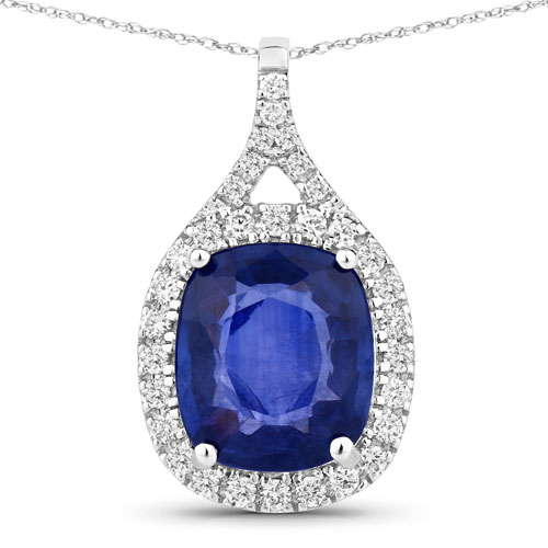 Sapphire-2.73 Carat Genuine Ceylon Blue Sapphire and White Diamond 18K White Gold Pendant