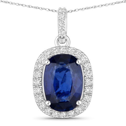 Sapphire-3.05 Carat Genuine Ceylon Blue Sapphire and White Diamond 18K White Gold Pendant