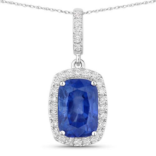 Sapphire-3.86 Carat Genuine Ceylon Blue Sapphire and White Diamond 18K White Gold Pendant