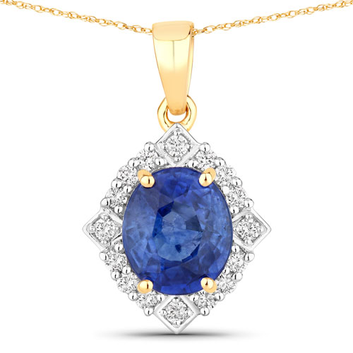 Sapphire-2.21 Carat Genuine Ceylon Blue Sapphire and White Diamond 18K Yellow Gold Pendant