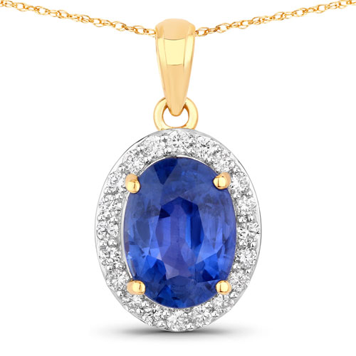 Sapphire-3.33 Carat Genuine Ceylon Blue Sapphire and White Diamond 18K Yellow Gold Pendant