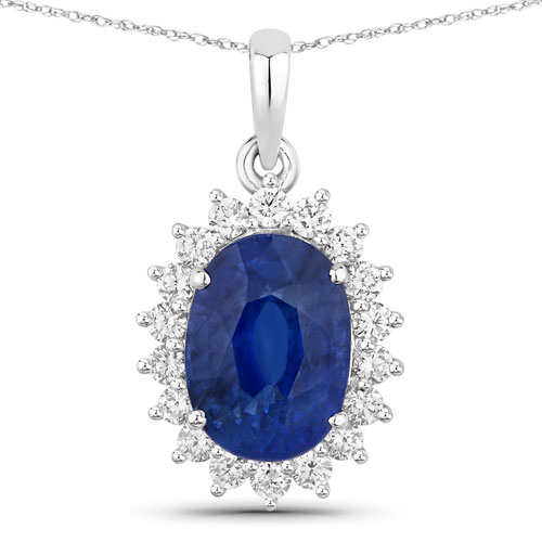 Sapphire-4.24 Carat Genuine Ceylon Blue Sapphire and White Diamond 18K White Gold Pendant