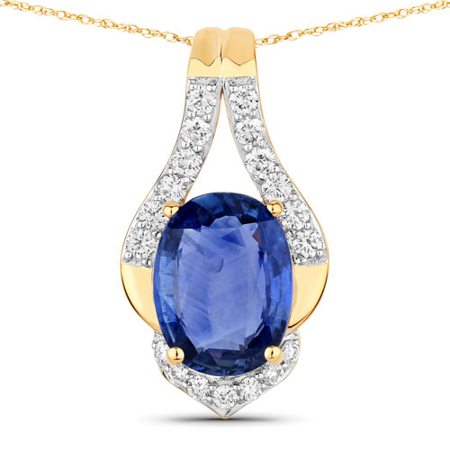 Sapphire-4.13 Carat Genuine Ceylon Blue Sapphire and White Diamond 18K Yellow Gold Pendant