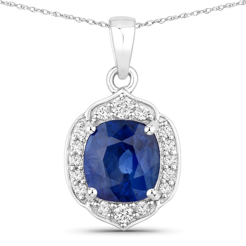 Sapphire-2.19 Carat Genuine Ceylon Blue Sapphire and White Diamond 18K White Gold Pendant