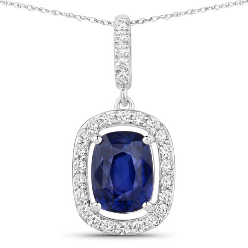 Sapphire-3.34 Carat Genuine Ceylon Blue Sapphire and White Diamond 18K White Gold Pendant