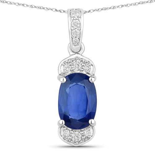 Sapphire-2.46 Carat Genuine Ceylon Blue Sapphire and White Diamond 18K White Gold Pendant