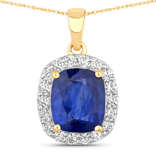 Sapphire-3.60 Carat Genuine Ceylon Blue Sapphire and White Diamond 18K Yellow Gold Pendant