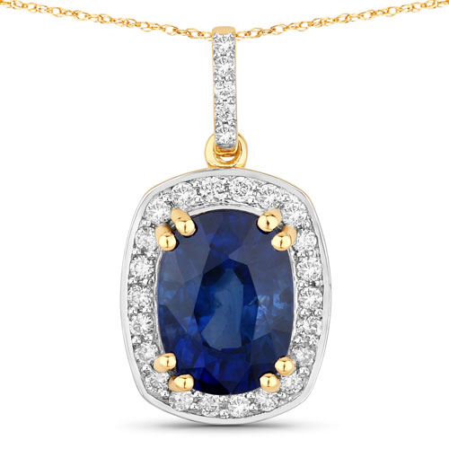 Sapphire-3.38 Carat Genuine Ceylon Blue Sapphire and White Diamond 18K Yellow Gold Pendant