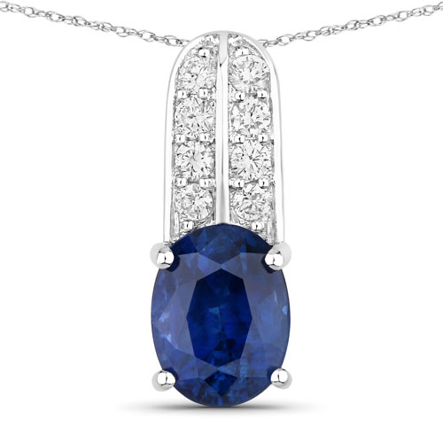 Sapphire-2.74 Carat Genuine Ceylon Blue Sapphire and White Diamond 18K White Gold Pendant