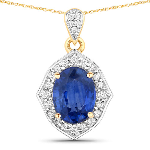 Sapphire-2.35 Carat Genuine Ceylon Blue Sapphire and White Diamond 18K Yellow Gold Pendant