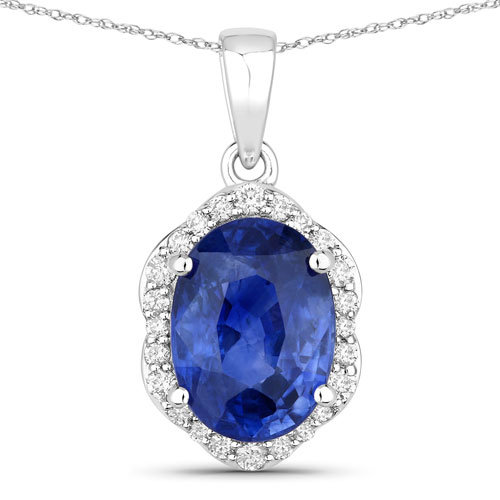 Sapphire-2.91 Carat Genuine Ceylon Blue Sapphire and White Diamond 18K White Gold Pendant