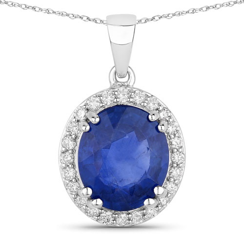 Sapphire-3.15 Carat Genuine Ceylon Blue Sapphire and White Diamond 18K White Gold Pendant
