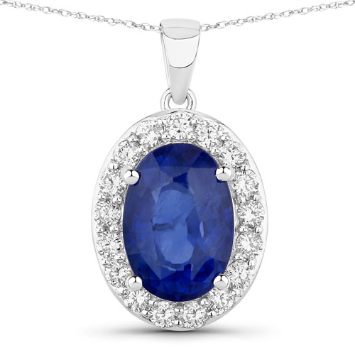 Sapphire-4.85 Carat Genuine Ceylon Blue Sapphire and White Diamond 18K White Gold Pendant