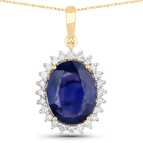 Sapphire-3.07 Carat Genuine Ceylon Blue Sapphire and White Diamond 18K Yellow Gold Pendant