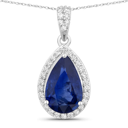 Sapphire-2.99 Carat Genuine Ceylon Blue Sapphire and White Diamond 18K White Gold Pendant