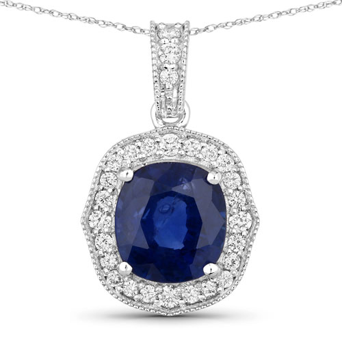 Sapphire-2.32 Carat Genuine Ceylon Blue Sapphire and White Diamond 18K White Gold Pendant