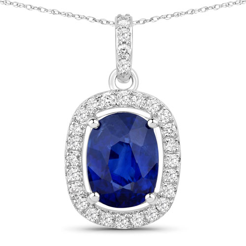 Sapphire-2.58 Carat Genuine Ceylon Blue Sapphire and White Diamond 18K White Gold Pendant