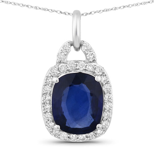 Sapphire-2.19 Carat Genuine Ceylon Blue Sapphire and White Diamond 18K White Gold Pendant