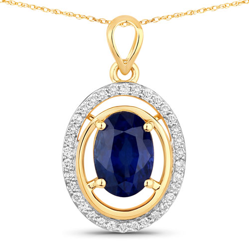 Sapphire-2.59 Carat Genuine Ceylon Blue Sapphire and White Diamond 18K Yellow Gold Pendant