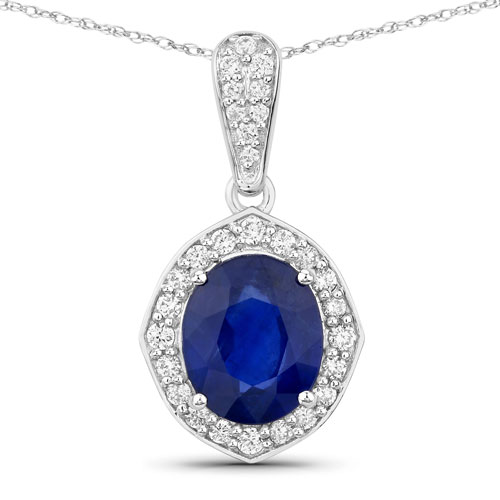 Sapphire-2.88 Carat Genuine Ceylon Blue Sapphire and White Diamond 18K White Gold Pendant
