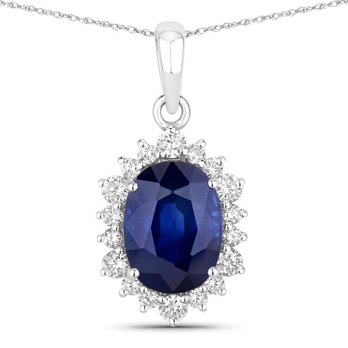 Sapphire-3.23 Carat Genuine Ceylon Blue Sapphire and White Diamond 18K White Gold Pendant