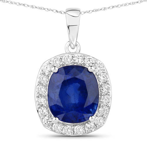 Sapphire-3.00 Carat Genuine Ceylon Blue Sapphire and White Diamond 18K White Gold Pendant