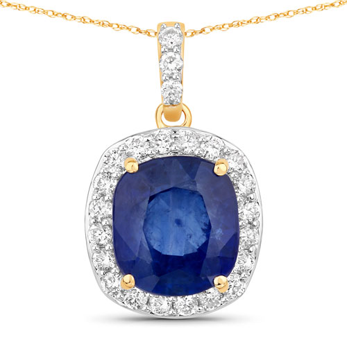 Sapphire-3.28 Carat Genuine Ceylon Blue Sapphire and White Diamond 18K Yellow Gold Pendant
