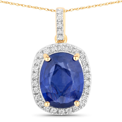 Sapphire-4.02 Carat Genuine Ceylon Blue Sapphire and White Diamond 18K Yellow Gold Pendant