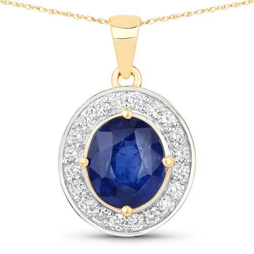 Sapphire-2.87 Carat Genuine Ceylon Blue Sapphire and White Diamond 18K Yellow Gold Pendant