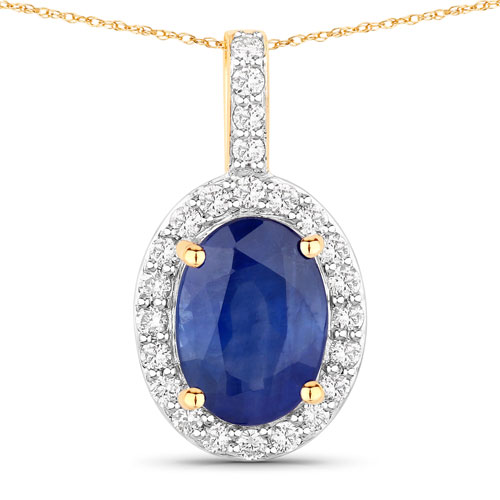 Sapphire-3.28 Carat Genuine Ceylon Blue Sapphire and White Diamond 18K Yellow Gold Pendant