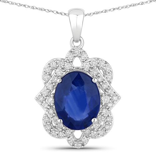 Sapphire-3.16 Carat Genuine Ceylon Blue Sapphire and White Diamond 18K White Gold Pendant