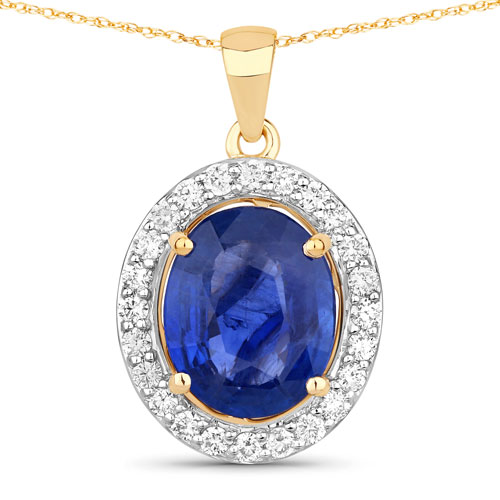 Sapphire-3.49 Carat Genuine Ceylon Blue Sapphire and White Diamond 18K Yellow Gold Pendant