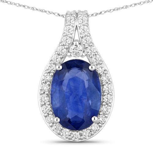 Sapphire-3.84 Carat Genuine Ceylon Blue Sapphire and White Diamond 18K White Gold Pendant