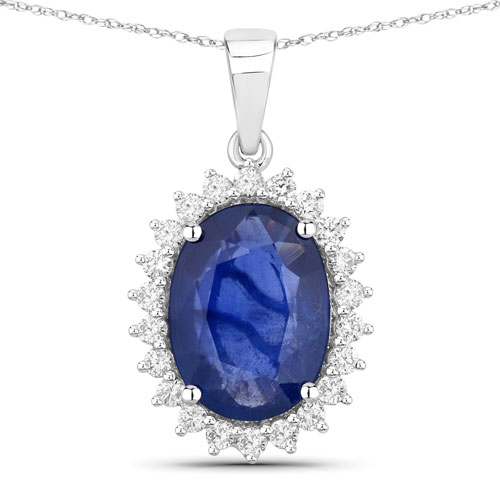 Sapphire-3.33 Carat Genuine Ceylon Blue Sapphire and White Diamond 18K White Gold Pendant
