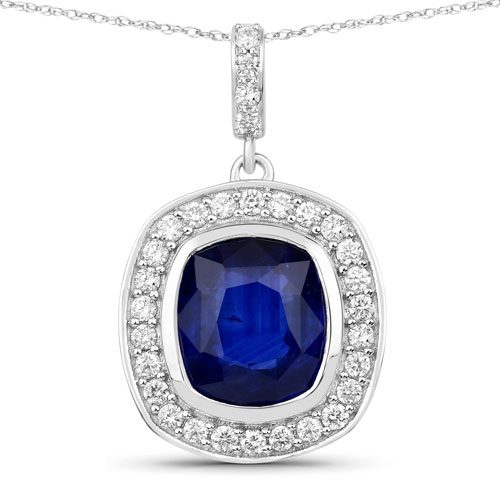 Sapphire-2.96 Carat Genuine Ceylon Blue Sapphire and White Diamond 18K White Gold Pendant