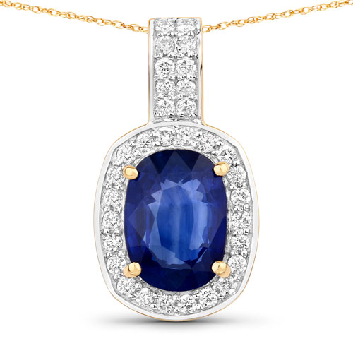 Sapphire-3.14 Carat Genuine Ceylon Blue Sapphire and White Diamond 18K Yellow Gold Pendant