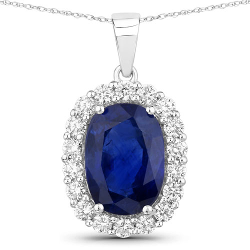 Sapphire-4.86 Carat Genuine Ceylon Blue Sapphire and White Diamond 18K White Gold Pendant