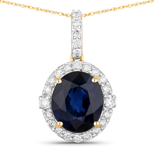 Sapphire-2.58 Carat Genuine Ceylon Blue Sapphire and White Diamond 18K Yellow Gold Pendant