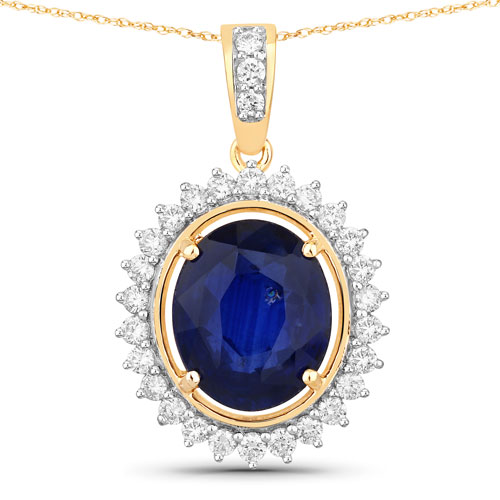 Sapphire-4.12 Carat Genuine Ceylon Blue Sapphire and White Diamond 18K Yellow Gold Pendant