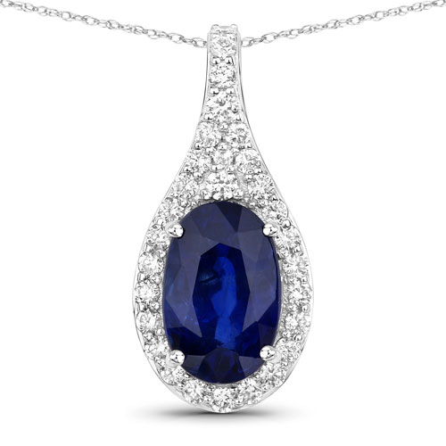 Sapphire-3.82 Carat Genuine Ceylon Blue Sapphire and White Diamond 18K White Gold Pendant