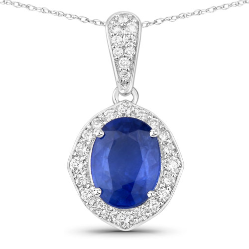 Sapphire-4.03 Carat Genuine Ceylon Blue Sapphire and White Diamond 18K White Gold Pendant