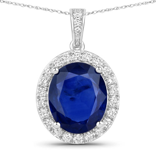 Sapphire-3.91 Carat Genuine Ceylon Blue Sapphire and White Diamond 18K White Gold Pendant