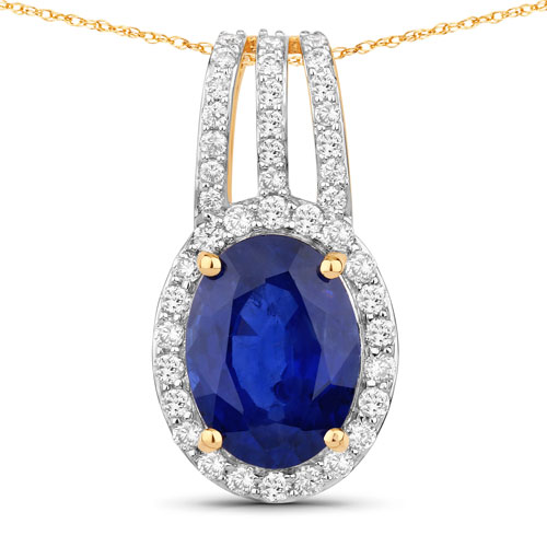 Sapphire-4.06 Carat Genuine Ceylon Blue Sapphire and White Diamond 18K Yellow Gold Pendant