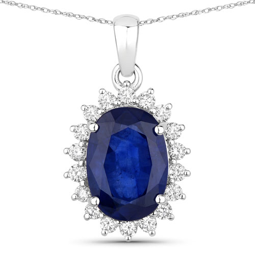 Sapphire-4.68 Carat Genuine Ceylon Blue Sapphire and White Diamond 18K White Gold Pendant