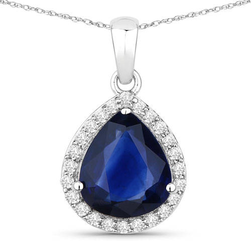 Sapphire-3.52 Carat Genuine Ceylon Blue Sapphire and White Diamond 18K White Gold Pendant